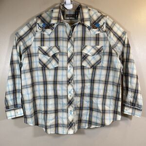 Roper Shirt Womens 2XL Embroidered Flower Brown Check Cowboy Rodeo Western Snap
